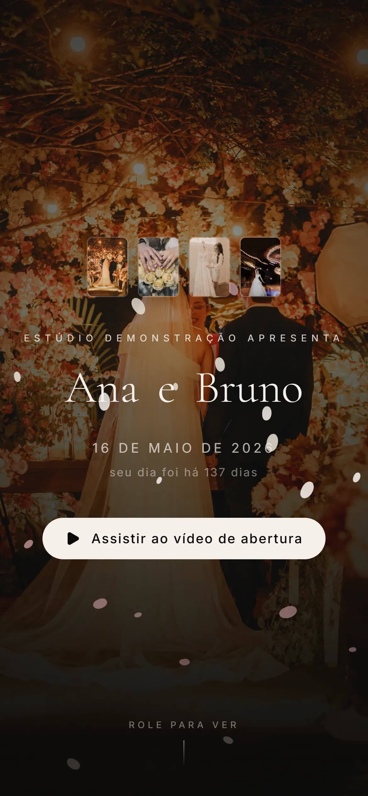 Página de entrega de um casamento aberta no celular, com a foto do casal, o nome Ana e Bruno e a data 16 de maio de 2026